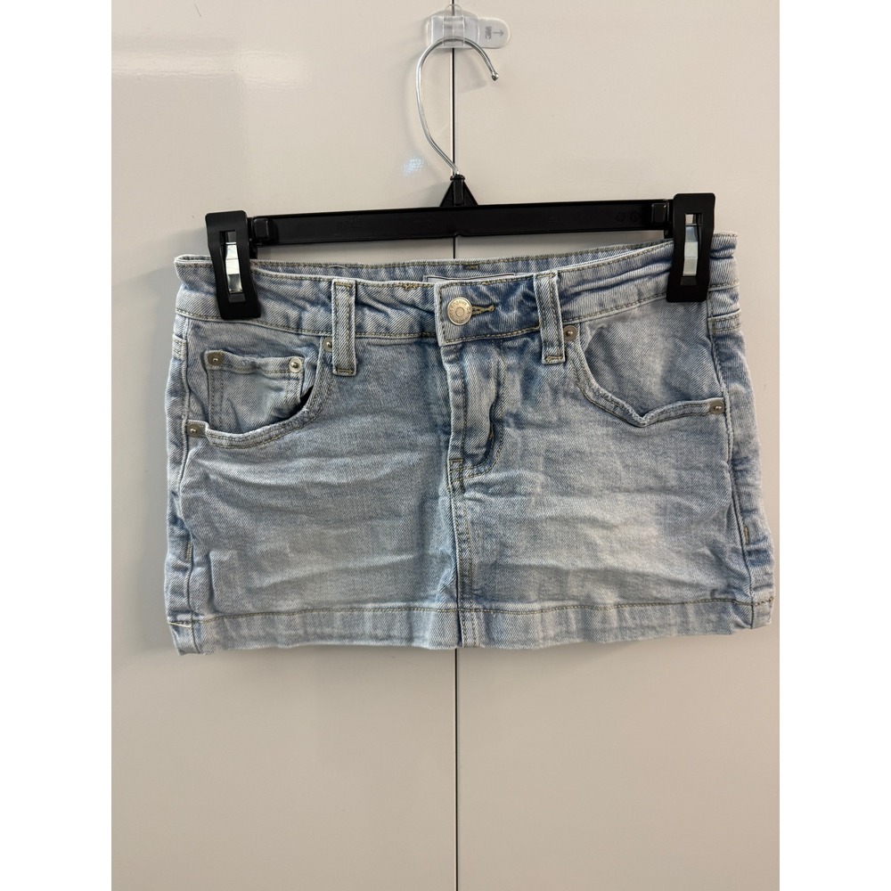 Refrain Los Angeles Denim Y2K Mini Skirt Light Wash Tribal Embroidery Size 1/25